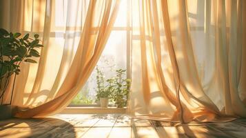 Sunlight streams through sheer curtains in a room with wood floors and potted plants. photo