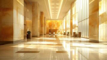 Modern office building lobby with marble walls, large windows, and sunlight streaming in. photo