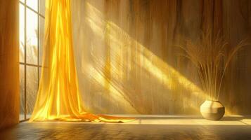 A minimalist room with a large window, yellow curtains, and a vase of dried reeds. The sun is shining through the window, casting long shadows on the wall. photo