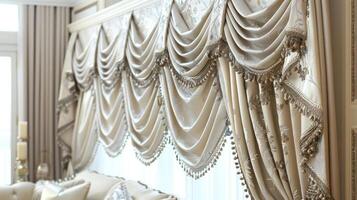Elegant, flowing beige curtains with intricate detailing, creating a luxurious and sophisticated atmosphere in a living room. photo