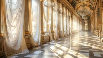 Sunbeams illuminate a long, grand hallway with ornate columns and white sheer curtains. photo