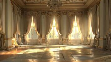 Luxurious empty room with large windows, gold trim, and marble floors.  Sunlight streams through the room. photo