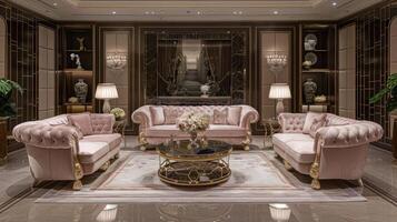 A luxurious living room with a pink sofa, two matching armchairs, a glass coffee table, and a patterned rug on a marble floor. photo