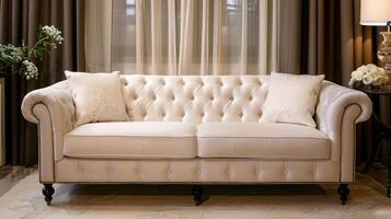 A white tufted sofa with two pillows, sits in front of a window with sheer curtains, in a living room setting. photo