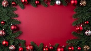 Christmas frame with red and silver ornaments on a red background photo