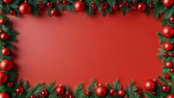 Christmas frame with red balls and fir branches on a red background photo