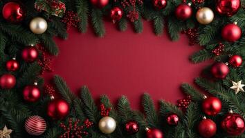 Christmas frame with red and gold ornaments on a red background photo