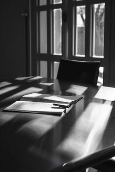 Monochrome photography with a table with a notes and cup of coffee. Minimalist space filled with sun rays creating a aesthetic atmosphere photo