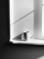 Minimalist photo with Serene Morning Scene Featuring a Window and White Mug. Concept of relaxation and morning time