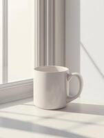 Minimalist photo with Serene Morning Scene Featuring a Window and White Mug. Concept of relaxation and morning time