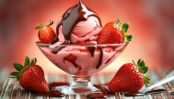 A strawberry ice cream with chocolate sauce and strawberries photo