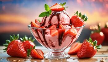 A bowl of ice cream with strawberries and chocolate photo