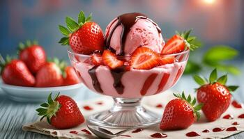 A bowl of ice cream with strawberries and chocolate sauce photo