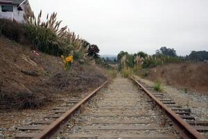 Old railroad in foggy weather. photo