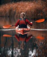 Serene Kayak Voyage Amid Autumn Foliage Reflection photo