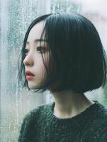 Pensive Asian Woman Looking Out Rainy Window with Thoughtful Expression photo