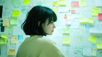 Focused Female Entrepreneur Brainstorming Ideas in Creative Workspace photo