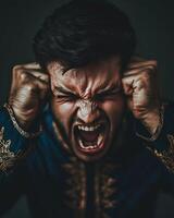 Intense Facial Expression of Fierce Emotion from Indian Man in Dramatic Lighting photo
