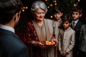 Joyful Indian Grandmother Sharing Traditions and Stories with Loving Family at Festive Dinner photo