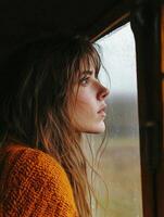 Thoughtful Woman Gazing Out Rainy Window in Cozy Sweater photo