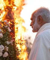 Elderly Man Tending Flowers Amidst Flames in Tranquil Garden photo