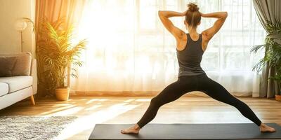 Serene Yoga Pose in Sunlit Home Environment photo