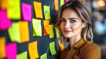 Joyful Female Entrepreneur Brainstorming Innovative Ideas in Vibrant Workspace photo