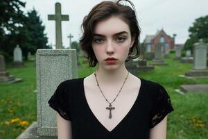 Moody Portrait of a Woman in a Graveyard with a Gothic Aesthetic photo