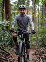 Enthusiastic Cyclist Navigating Rugged Terrain on Mountain Bike Adventure photo