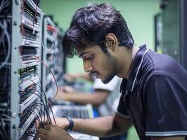 Indian Engineer Collaborating in Server Room with Technology Equipment photo
