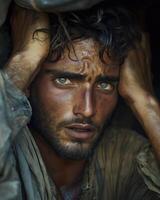 Rugged and Resolute Man with Intense Gaze Captures the Spirit of Adventure and photo