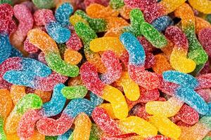 Assorted colorful gummy jelly candies. Top view. Jelly sweets. photo