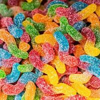 Assorted colorful gummy jelly candies. Top view. Jelly sweets. photo