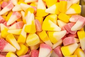 Assorted colorful gummy jelly candies. Top view. Jelly sweets. photo