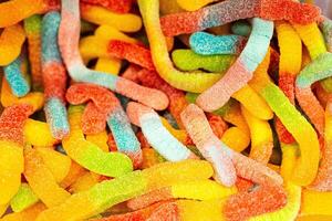 Assorted colorful gummy jelly candies. Top view. Jelly sweets. photo