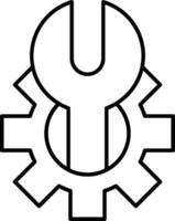 A black and white image of a wrench and gearwheel vector