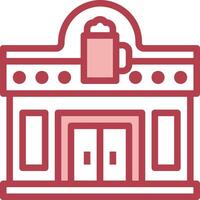 A red and white icon of a building with a coffee cup vector