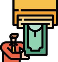 A man is holding a money machine and a stack of bills vector