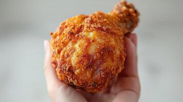 A hand holding a fried chicken in front of a white background photo