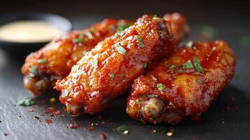 Three chicken wings with sauce on a black slate photo