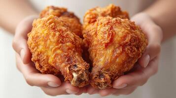 Two hands holding fried chicken in front of a white background photo