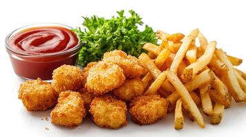 Chicken nuggets and fries with ketchup on a white background photo