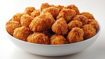 A bowl of fried chicken nuggets sitting on a table photo