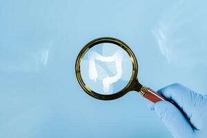Mockup of a human with internal organs and red intestines under a magnifying glass on a blue background. photo