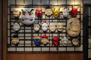Collection of Japanese masks on display photo