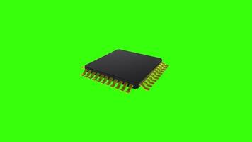 Detailed 3D rendering of a microchip on a bright green background video