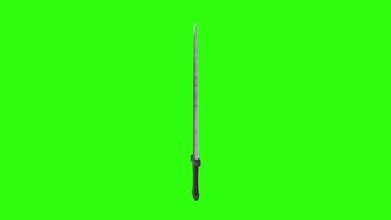 Realistic 3D rendering of a sword against a green backdrop video