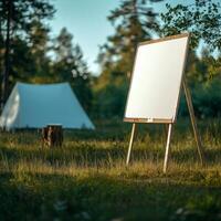 Vibrant Billboard Mockup. Close-Up Display at a Scenic Camping Site in Lush Grassland photo