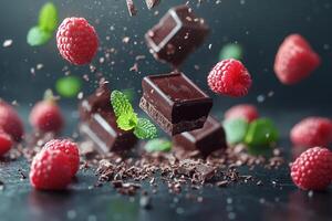 Floating Dark Chocolate with Fresh Mint and Raspberries, Gourmet Indulgence on a Black Background photo