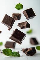 Floating Elegance. Minty Chocolate Indulgence on a Vibrant White Background photo